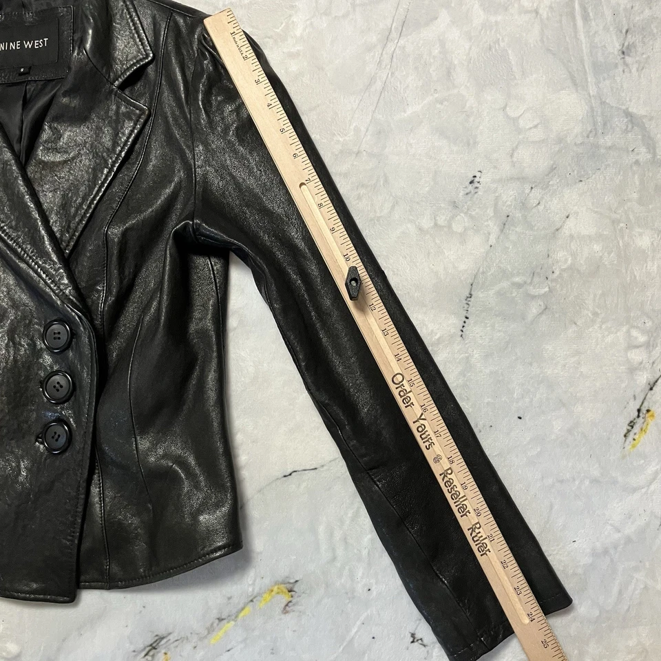 Nine West 皮革夹克女式 S 码黑色黄油柔软纽扣前复古骑手 — 第 3/4 张图片