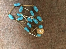 Collier Sautoir Ancien En Perles De Verre Turquoise - Longueur 110 Cm, Occasion