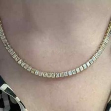 Bezel Emerald Cut Lab Created Diamond Tennis Necklace 18K Yellow Gold Plated 9Ct