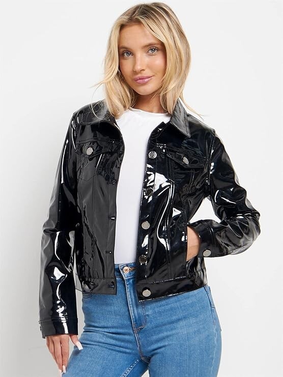 New Women Patent Jacket Vinyl Black Glossy Faux Leather