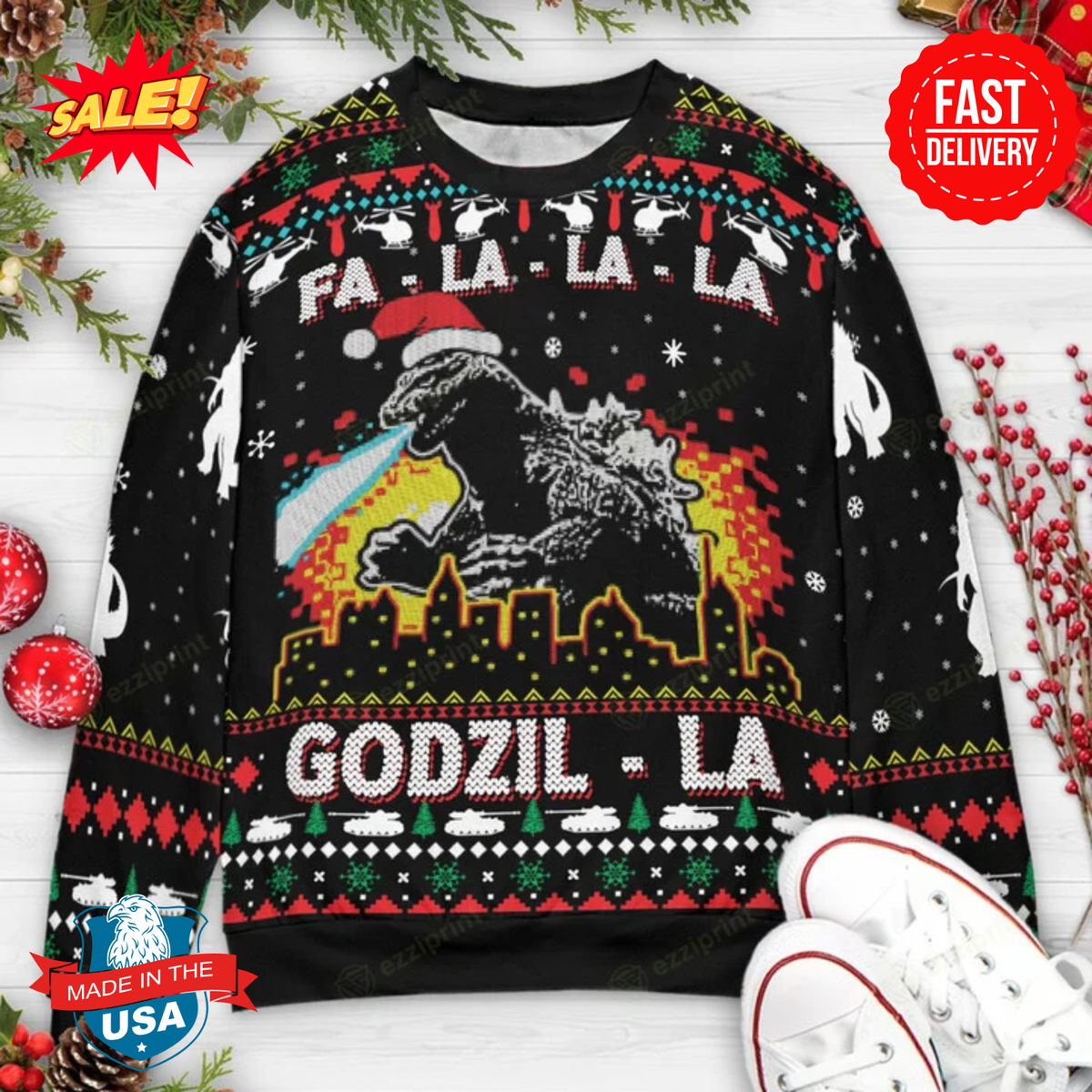 Fa La La La Godzil-la Godzilla Ugly Christmas Sweatshirt