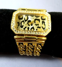Women's GUESS Gold Tone Leopard Print WRISTWATCH Rectangle Face Chain Link Band
