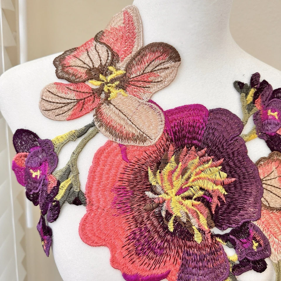Aplique púrpura y rosa (21” x 12”) parche grande flores bordadas Foto 2 de 4