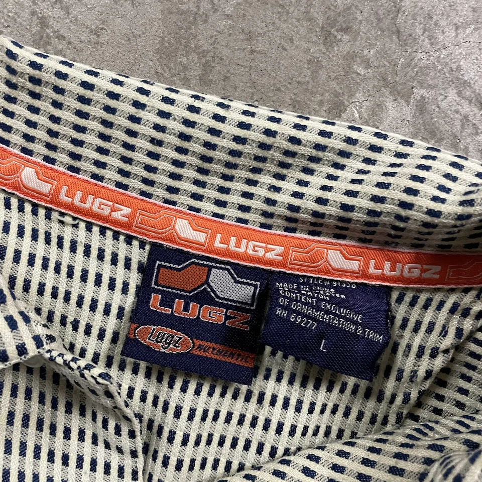 LUGZ Shirt L Men’s Hip Hop 90s VTG Camp Checked Print Polyester Rayon Boots Logo - Image 2 of 4