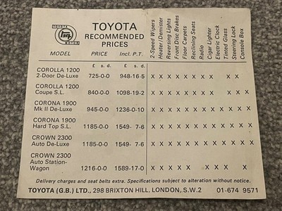 TOYOTA G.B. RANGE PRICE LIST RECOMMENDED PRICES 1970s Corolla Corona Crown RARE