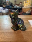 Fenton Iridescent Glass Hand-Painted Sitting Cat Figurine Signed