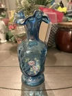 Blue Hand Painted Glass Art Vase Floral Design Fenton  Signed B. Crumbaugh