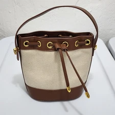 Two-toned Canvas Vegan Leather Mini Bucket Bag Drawstring Top Gold Hardware 