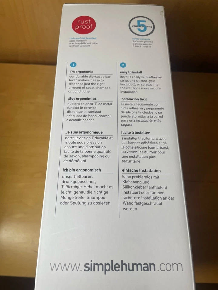 Bomba de ducha Simplehuman doble montaje en pared dispensadores de champú y jabón caja abierta Foto 4 de 4