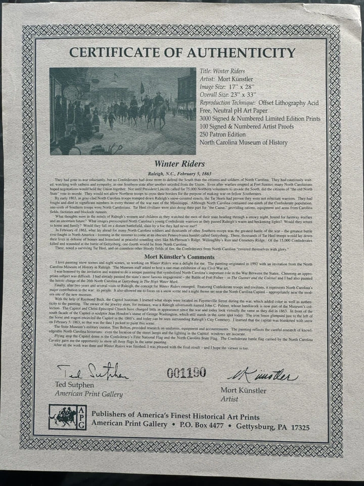 Mort Kunstler - Winter Riders - Impresión coleccionable de la Guerra Civil - Raleigh NC Foto 2 de 4