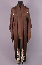 VTG Women's 40s Long Brown Bird Flower Print Kimono Sz L 1940s