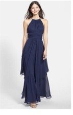 Eliza J Chiffon Layered Gold Chain High Neck Navy Maxi Gown Size 10