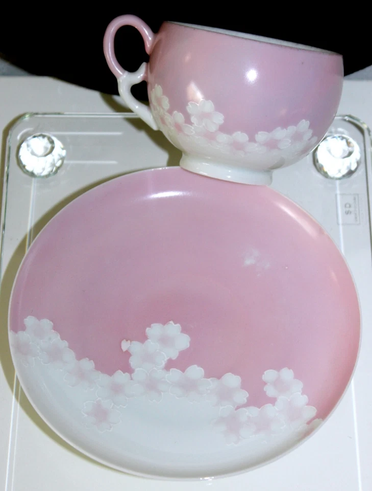 Japanese Teacup & Saucer PINK w/HEART Antique Eggshell Porcelain signed - Image 4 of 4