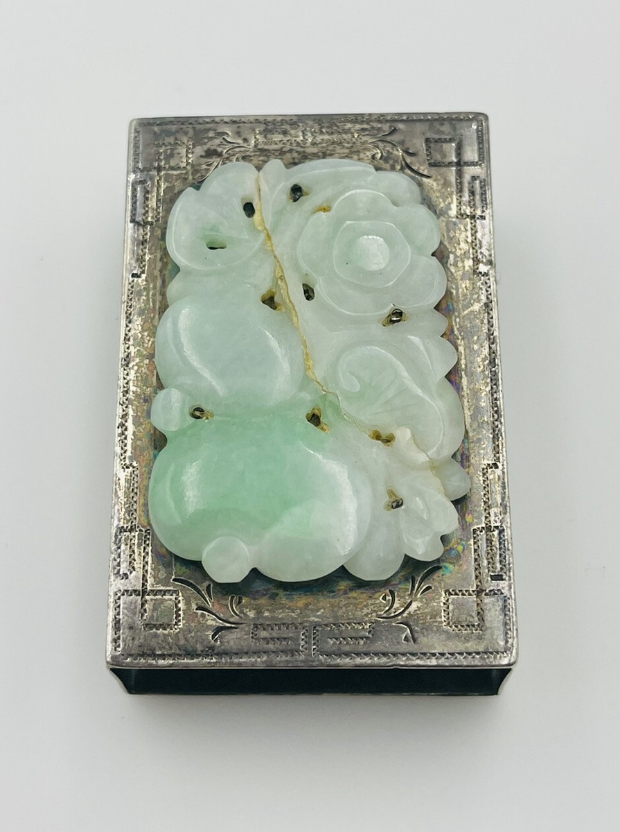 Edward Farmer Antique Sterling Silver & Carved Green Jade Matchbox