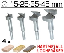 4 x Hartmetall Forstner Kunst Topf Scharnier Bohrer Holz Fräser Ø 15 25 35 45 mm