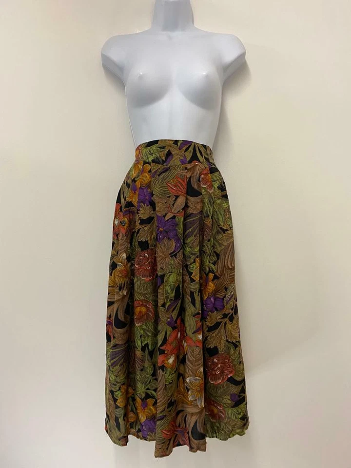 Vintage Skirt Size 12 Boho Midi Floral Arty Brown Pleated Floaty Slimming - Image 3 of 4
