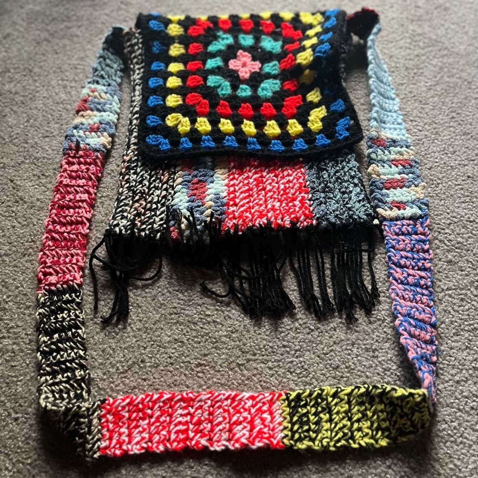 Vintage Handmade 1980s Colorful Crochet Floral Knit Boho Tassel Crossover Bag