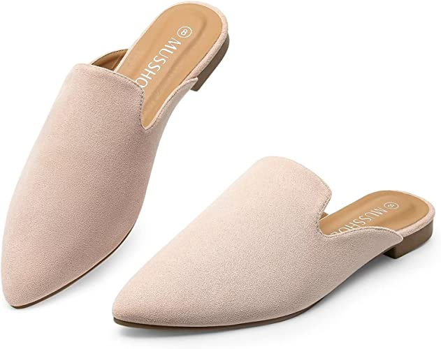 MUSSHOE Mules for Women Flats Comfortable Pointed Toe Pink Suede - Main Image
