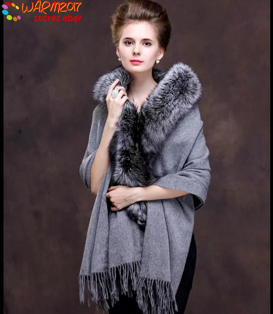 Women's shawl Cape Real Fox Fur Trim Poncho Scarves Party | eBay