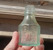 J.J.FIELD LONDON CRUDE 8 SIDED INK BOTTLE ROUGH SHEARED LIP 1890s HAND BLOWN