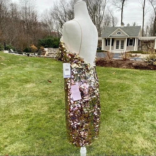 NWT BHLDN Aidan Mattox Starla Sequin Midi Dress Cocktail Formal Gold Size 8 - Picture 9 of 12