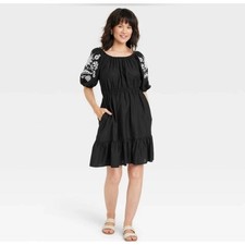 Knox Rose Black Embroidered Short Sleeve Tiered Mini Dress - Women's Size M