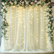 Beige Tulle Backdrop Curtains, 10x10ft, Lights String, Wrinkle Free, Sheer