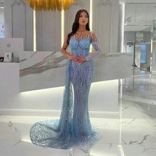 One Shoulder Evening Dresses Side Train Blue Mermaid Prom Gowns Beaded Lace
