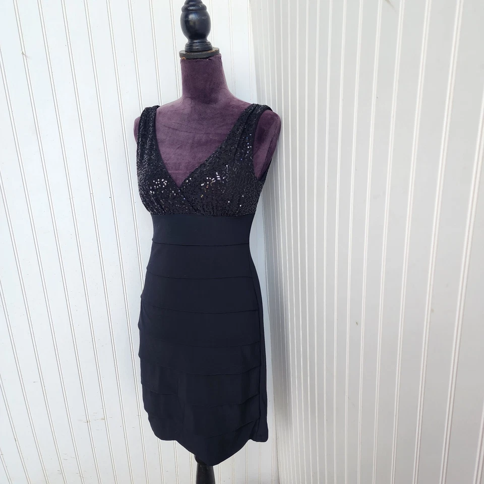 Vestido B Darlin Negro Lentejuelas Funda Formal Cena Fiesta Noche Elástico Talla 11/12 Foto 2 de 4