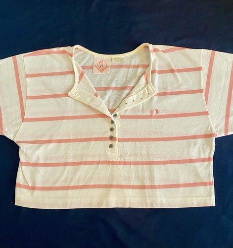 Vintage Hang Ten Crop Top Boxy Henley T-Shirt Pink Stripe Womens L Beach Surf - Picture 2 of 13