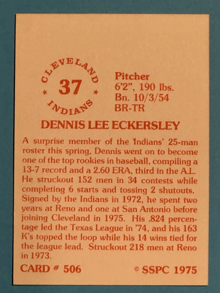 1975 SSPC #506 Dennis Eckersley Cleveland Indians Nr. Mint+ - Image 2 of 2