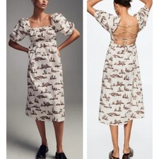 Mango Western Cactus Horse Print Midi Dress Cotton Lace-Up Back 6 M Coastal