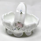 VTG Westmoreland Split Handle Milk Glass Basket Hand Painted Roses & Bows 3.5H