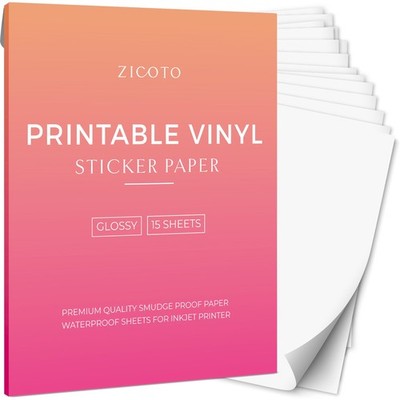 Printable Vinyl Sticker Paper 15 Sheets Matte Paper for Inkjet/Laser 8.5x11 