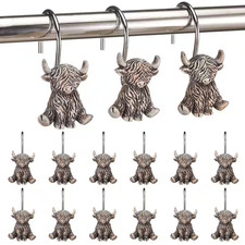 12-Piece Highland Cow Shower Curtain Hooks, Stainless Steel Rust Resistant Rings