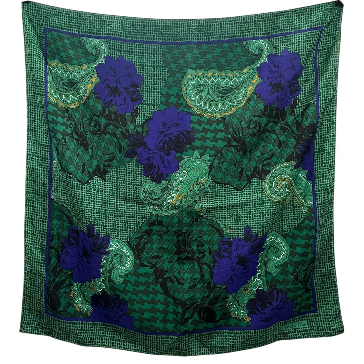 Vintage Christian Dior Silk Scarf Green Blue Paisley Rose Floral