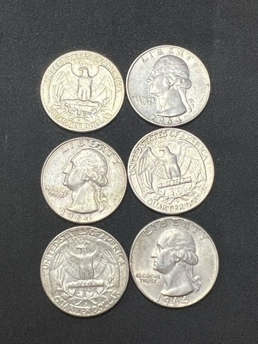 6x - 1964-D United States Washington Quarter US 25 Cent Silver Coin (LOT) Type - Picture 2 of 2