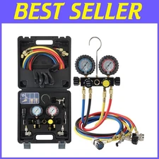 Heavy-duty 4-Way AC Gauges with Color-coded Hoses for Accurate Refrigerant Check