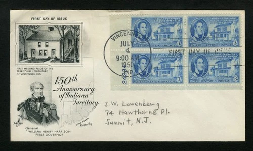 1950 FDC sc 996 Indiana Territory Anniversary First Day Cover Vincennes, Indiana