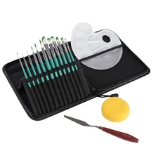 15 Pcs Paint Brush Value Pack Set with 12 Brushes 1 Tray 1 Sponge 1 Knife