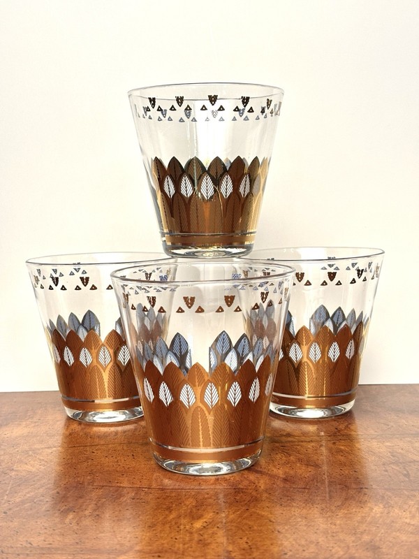 Vintage George Briard Gold Turquoise Feathers Lowball Glasses MCM Set of 4