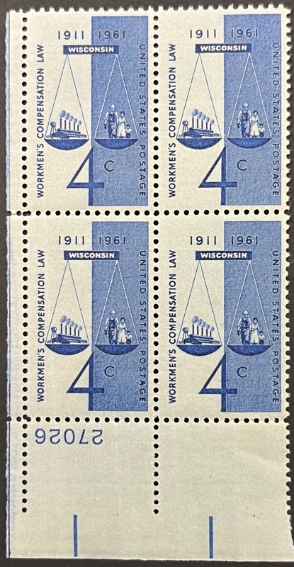 U.S. Scott #1186, Invert var. P.B. of 4, 50th Anniv. Workers Comp, F-VF, MNH