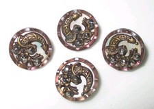 SET 4 ANTIQUE BUTTONS - PINK MOTHER OF PEARL w  BRASS CORNUCOPIA &  CUT STEELS