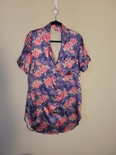 Vintage Sleep Solutions Blue Pink Floral Shirt Dress Nightgown Sz S