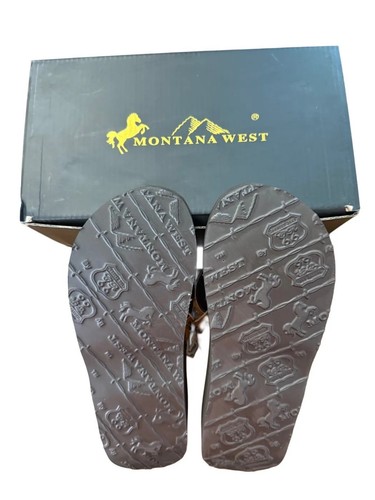Montana West Brown Flip Flops with Tan Leather Gold Studs Cow Skull Concho NIB - Picture 5 of 5