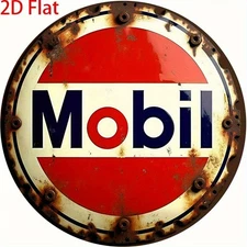 2D Flat, 1pc Round Aluminum "Mobil" Gasoline Sign - 8x8 Inch Vintage Wall Art wi