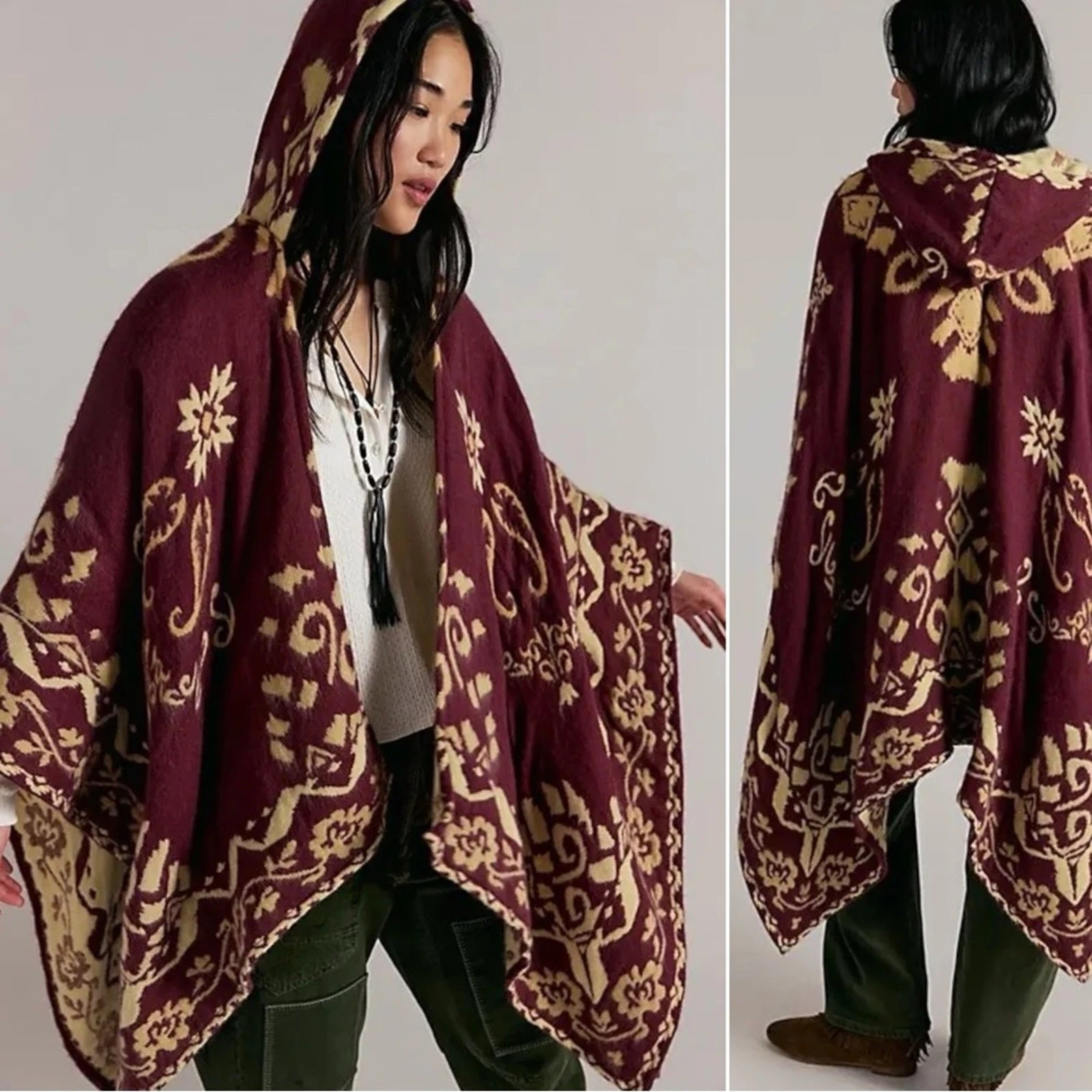 Free People Bohemian Rown Printed Hooded Sweater Duster Poncho Maroon NWT OS