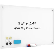 Pure White Glass White Board for Wall, 36" x 24" Large Tempered Glass Board w...