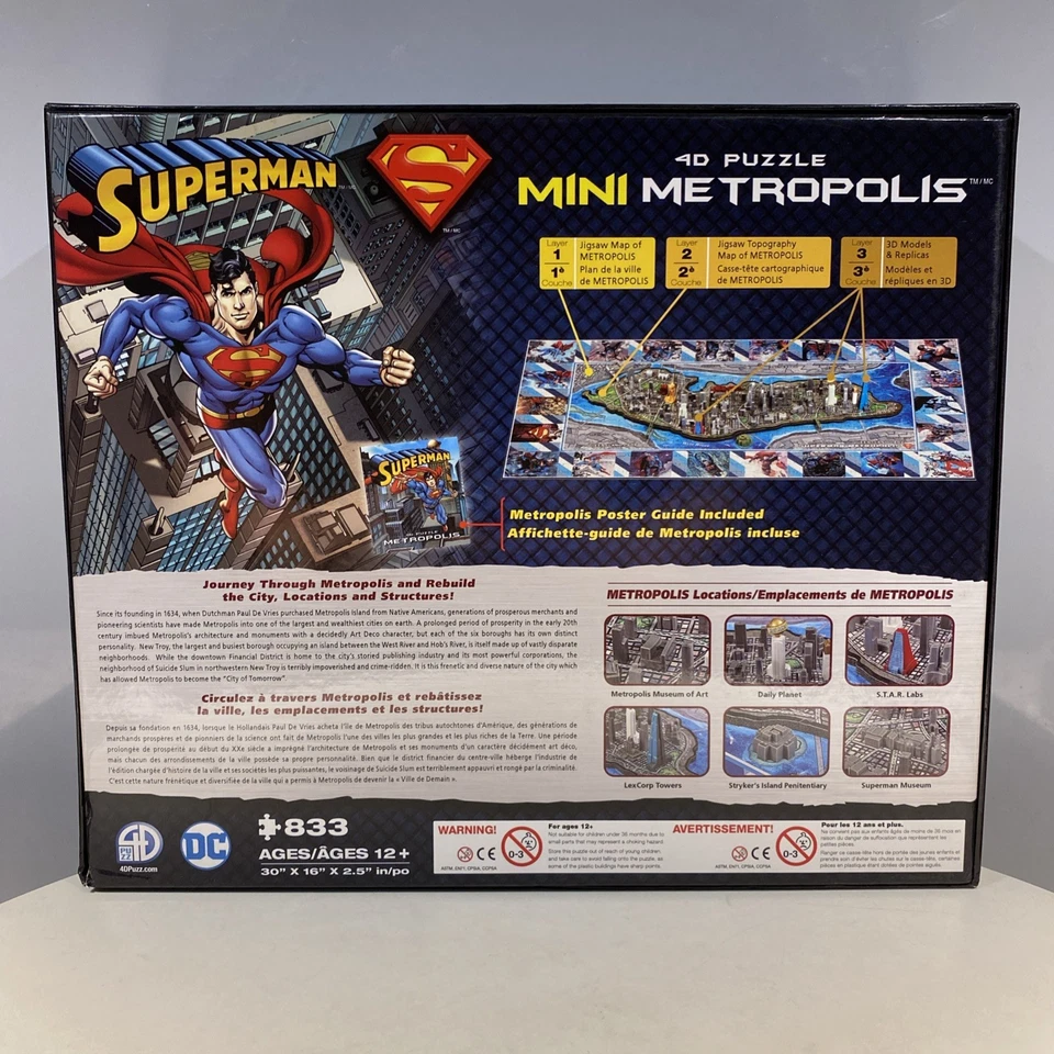 Superman 4D Puzzle Mini Metropolis 30in x 16in x 2.5in 833 Pieces Complete - Image 3 of 4