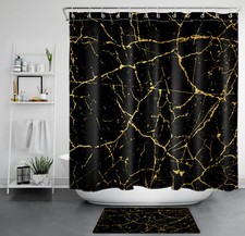 Abstract Marble Textured Black and Gold Shower Curtain Set for Bathroom Decor
